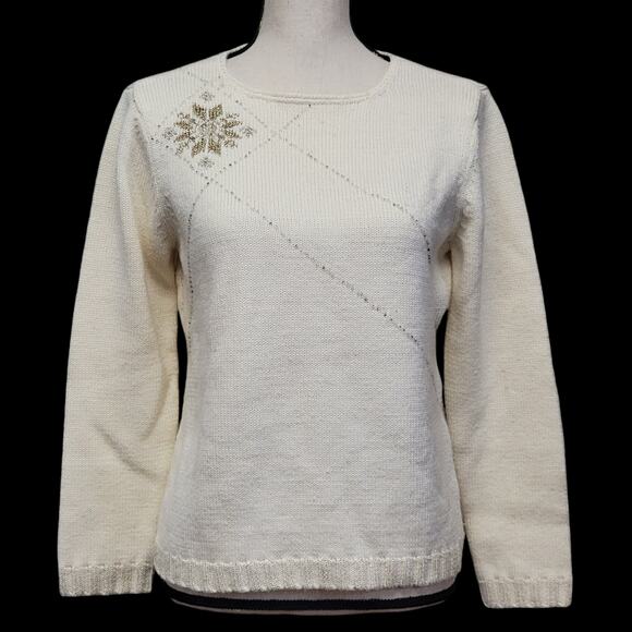 Petite Sophisticate Sweaters - Snowflake Sweater‎ Womens Sz L Petite Cream Gold Beaded Wool Pullover Christmas